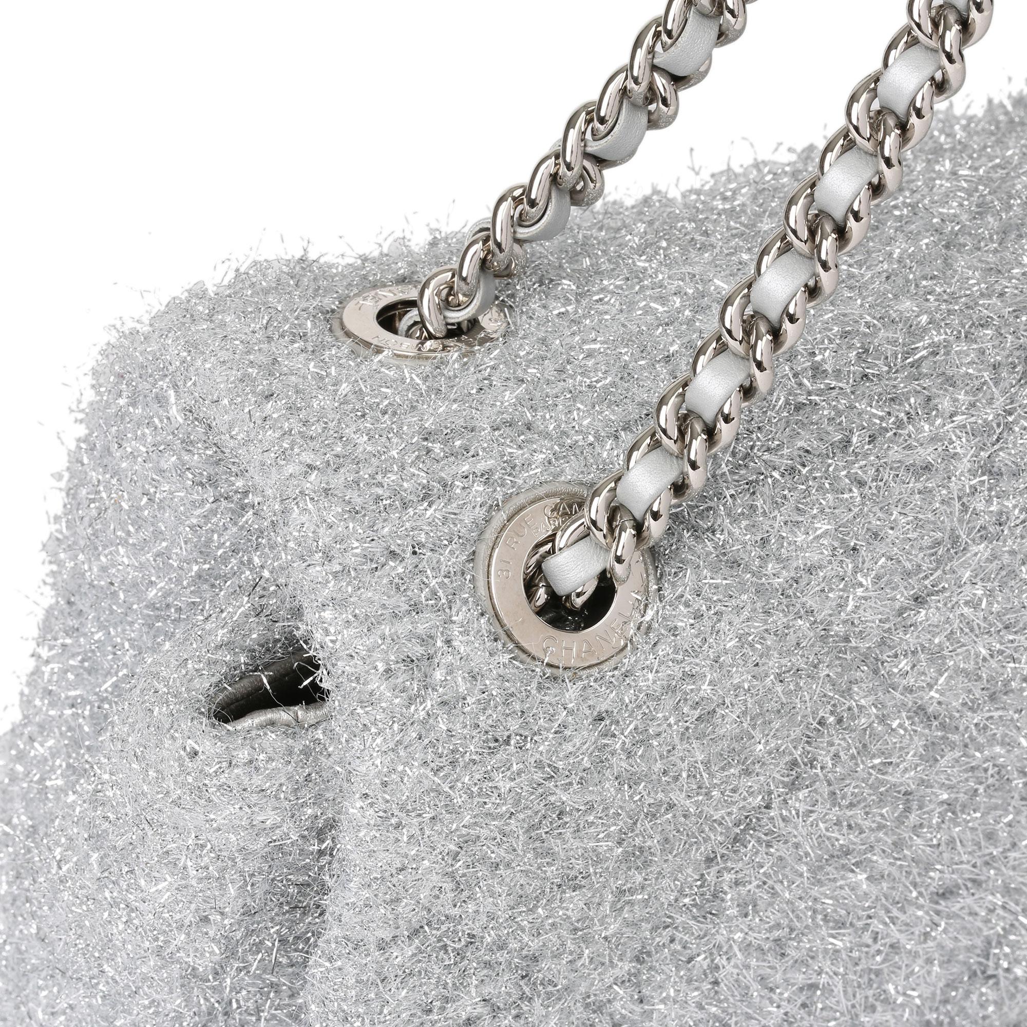 Chanel Silver Quilted Lurex Jumbo Pluto Glitter Flap Bag In Excellent Condition In Bishop's Stortford, Hertfordshire