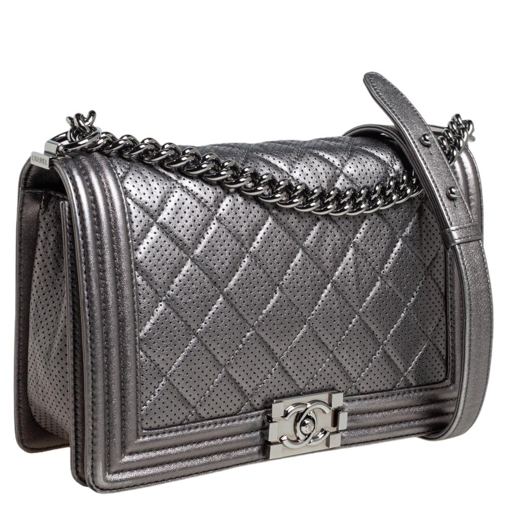 Women's Chanel Silver Quilted Perforated Leather New Medium Boy Flap Bag