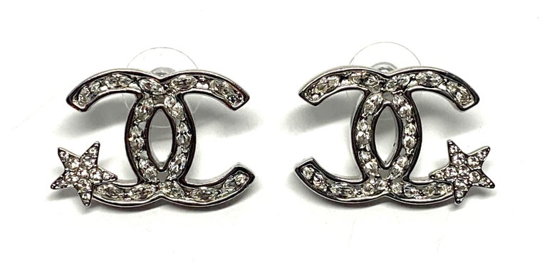 Chanel Silver & Rhinestone Large CC Logo & Star Earrings, Spring 2020