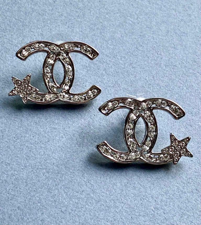Chanel Silver and Rhinestone Large CC Logo and Star Earrings
