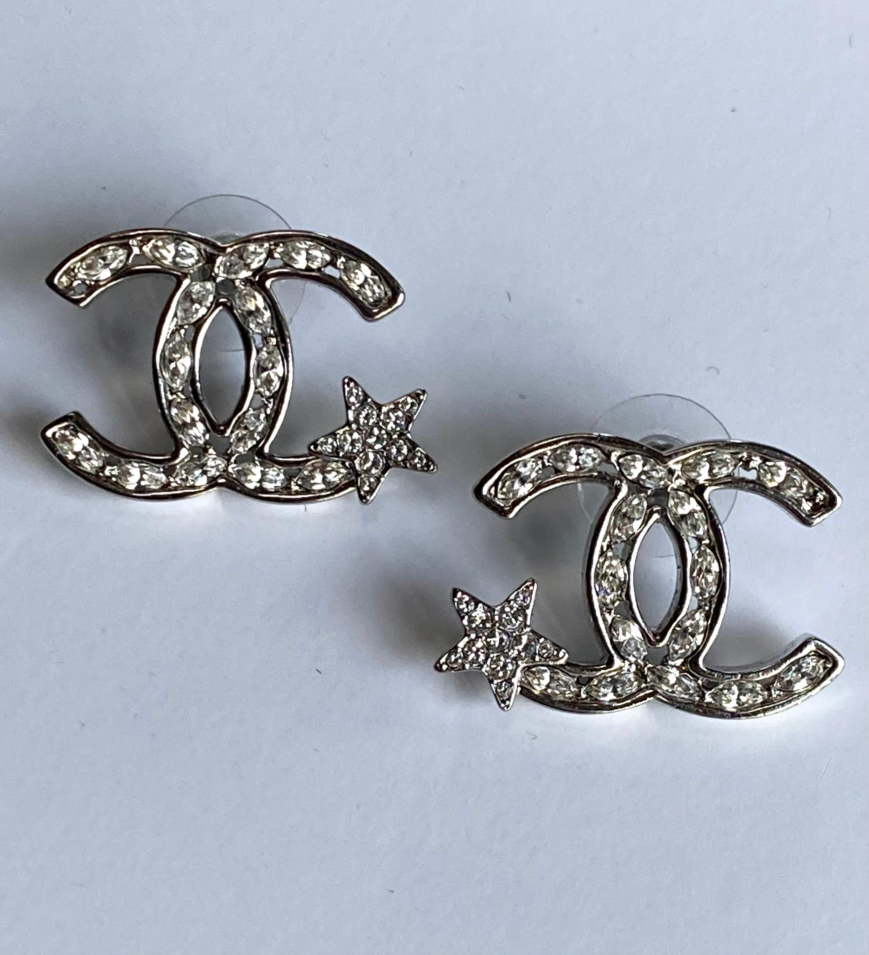 Chanel Silver & Rhinestone Large CC Logo & Star Earrings, Spring 2020 In Good Condition In New York, NY