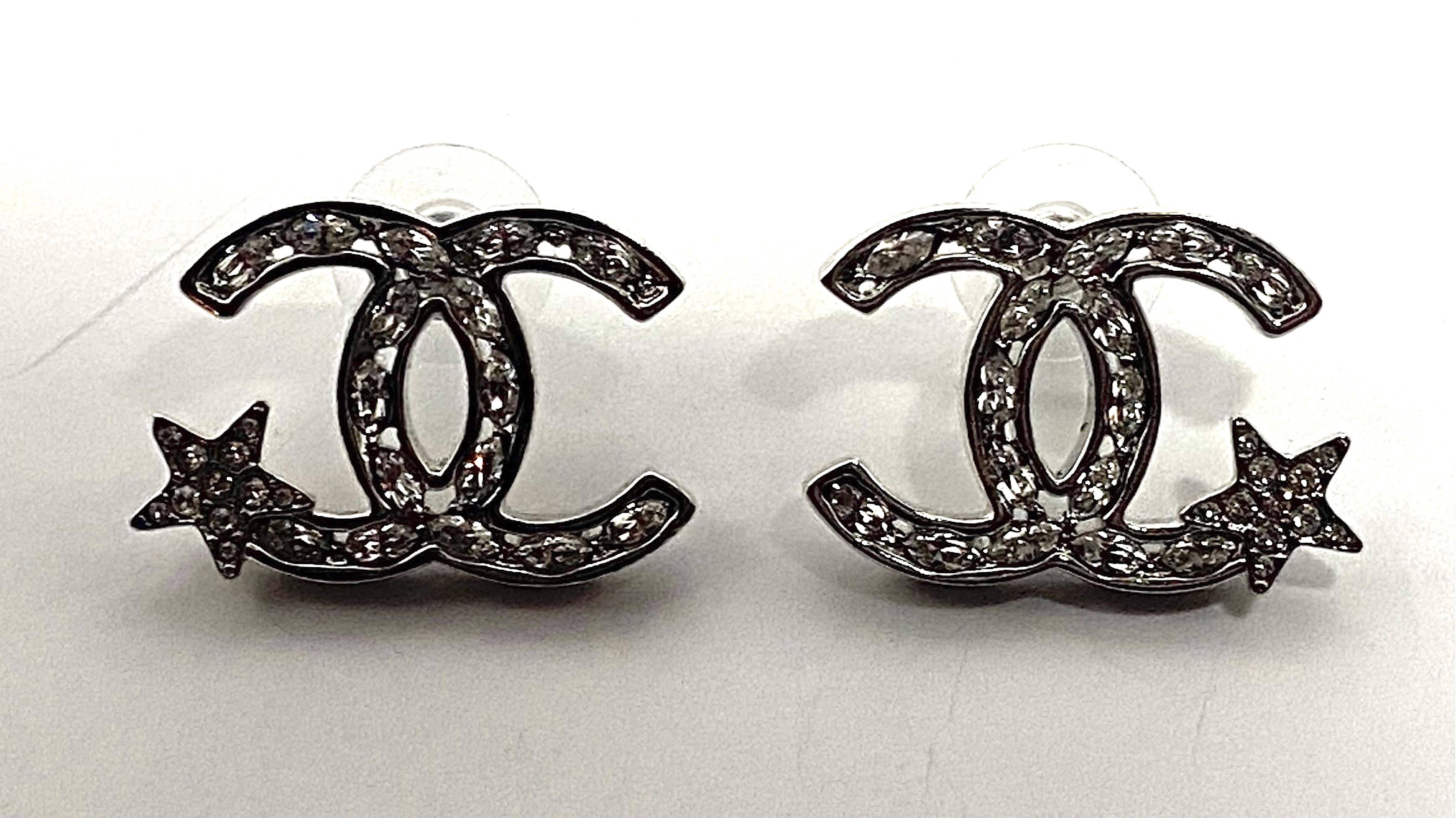 Women's Chanel Silver & Rhinestone Large CC Logo & Star Earrings, Spring 2020