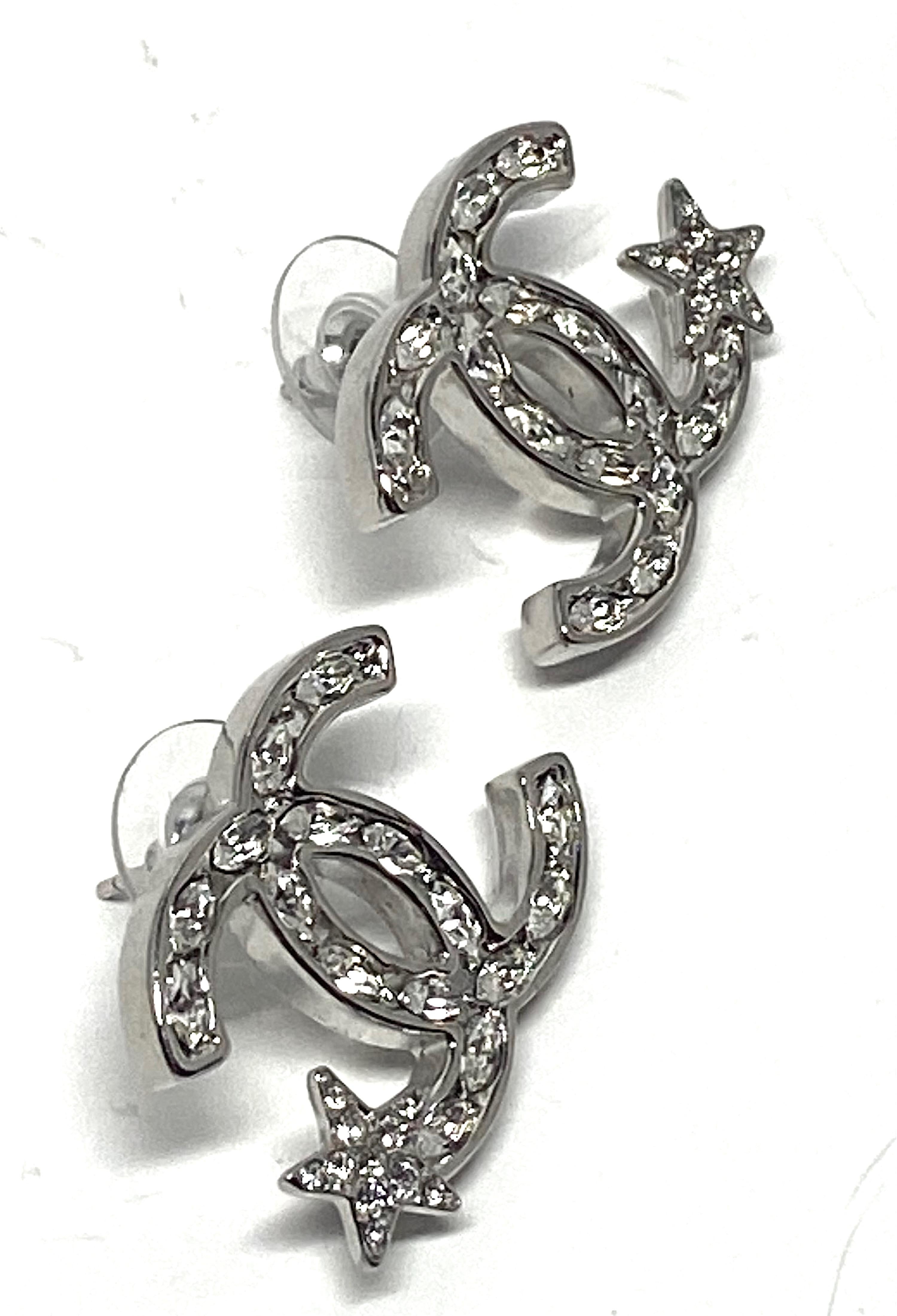 Chanel Silver & Rhinestone Large CC Logo & Star Earrings, Spring 2020 1