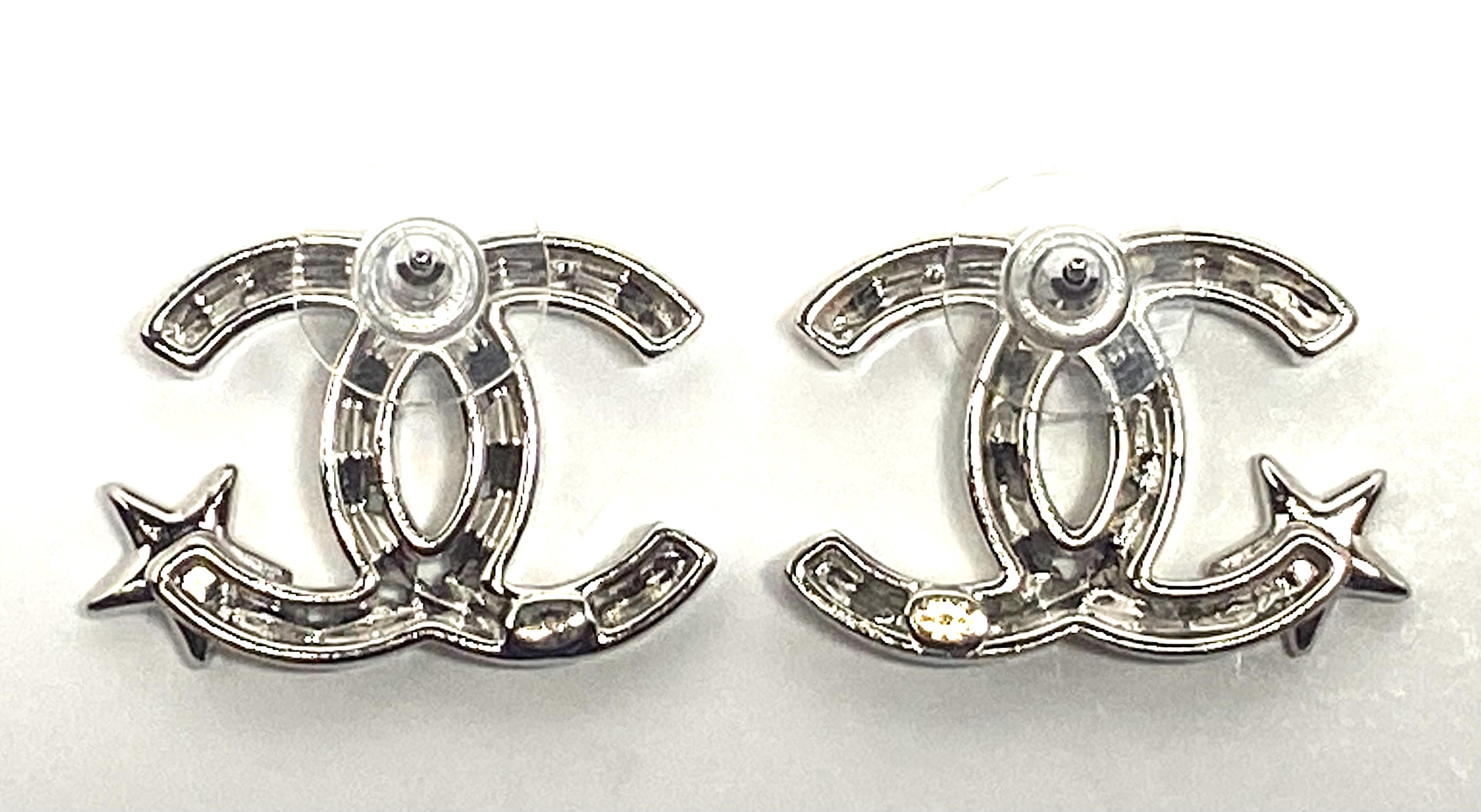 Chanel Silver & Rhinestone Large CC Logo & Star Earrings, Spring 2020 2