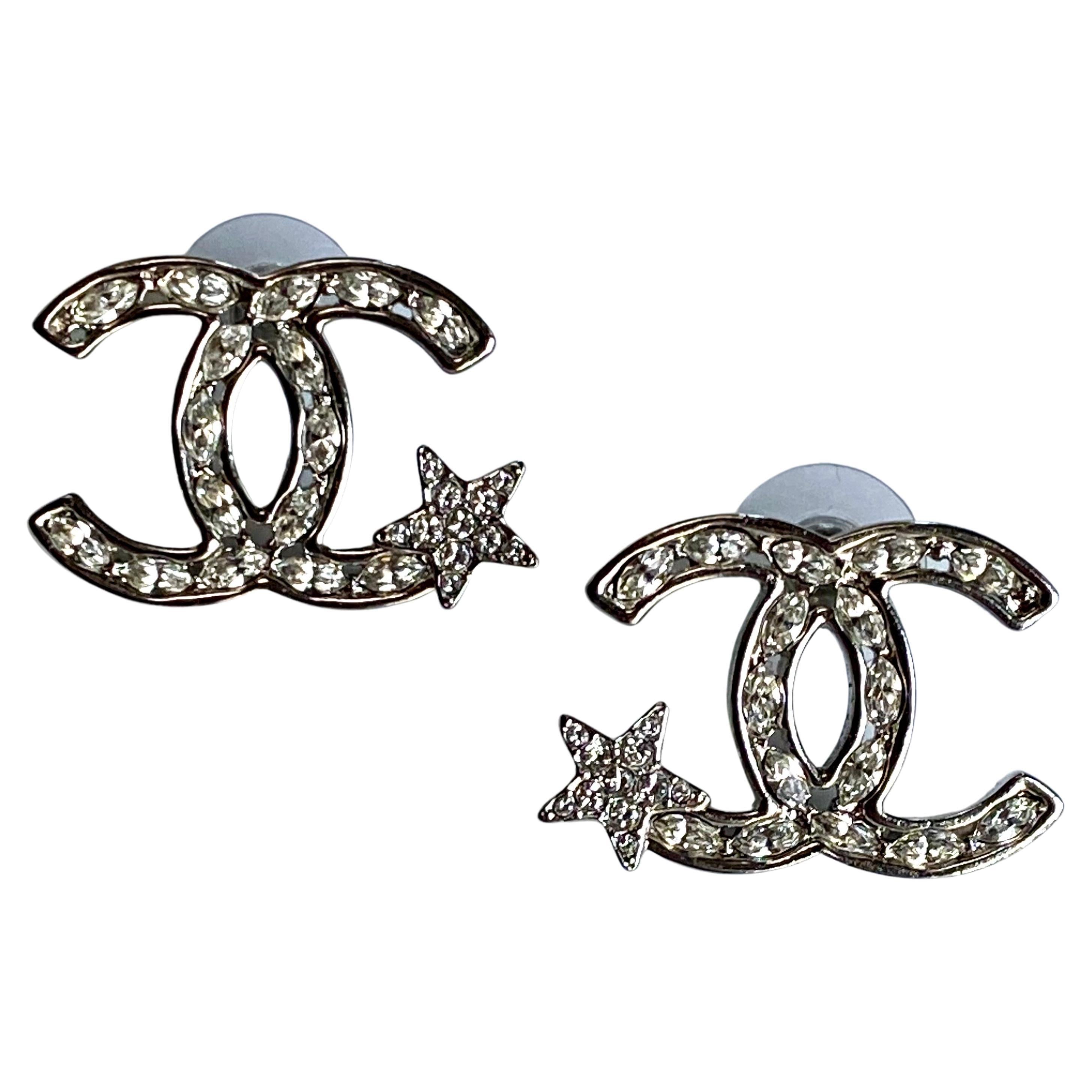 Chanel Silver and Rhinestone Large CC Logo and Star Earrings