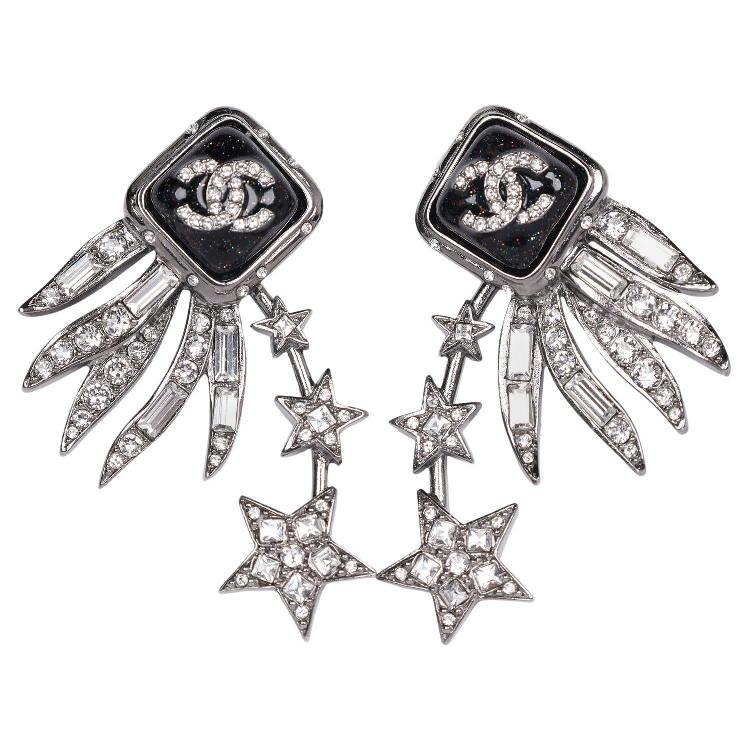 Chanel Silver Rhinestone Star Chandelier Earrings, Made in France For Sale