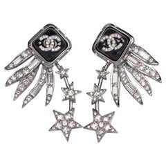 Chanel Silver Rhinestone Star Chandelier Earrings, Made in France