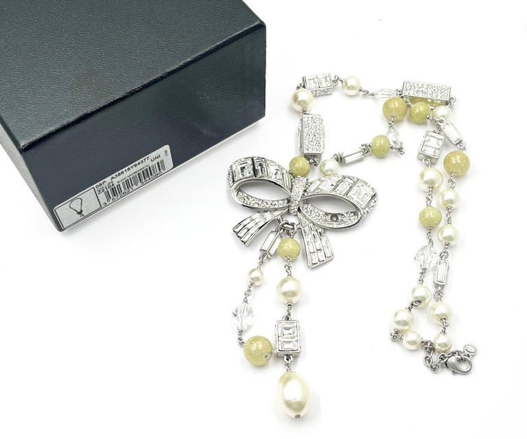 Chanel Silver Ribbon Bow CC Crystal Neon Bead Pearl Necklace For
