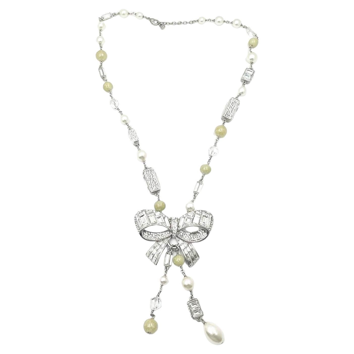 Chanel Silver Ribbon Bow CC Crystal Neon Bead Pearl Necklace For Sale