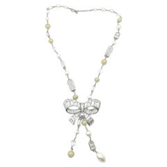 Chanel Silver Ribbon Bow CC Crystal Neon Bead Pearl Necklace