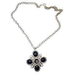 Chanel Silver Rope CC Navy Stone Cross Pendant Necklace