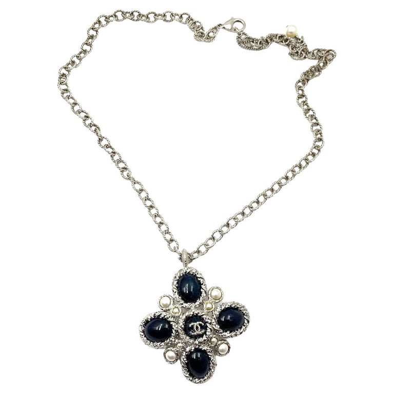 Chanel Silver Rope CC Navy Stone Cross Pendant Necklace For Sale at 1stDibs