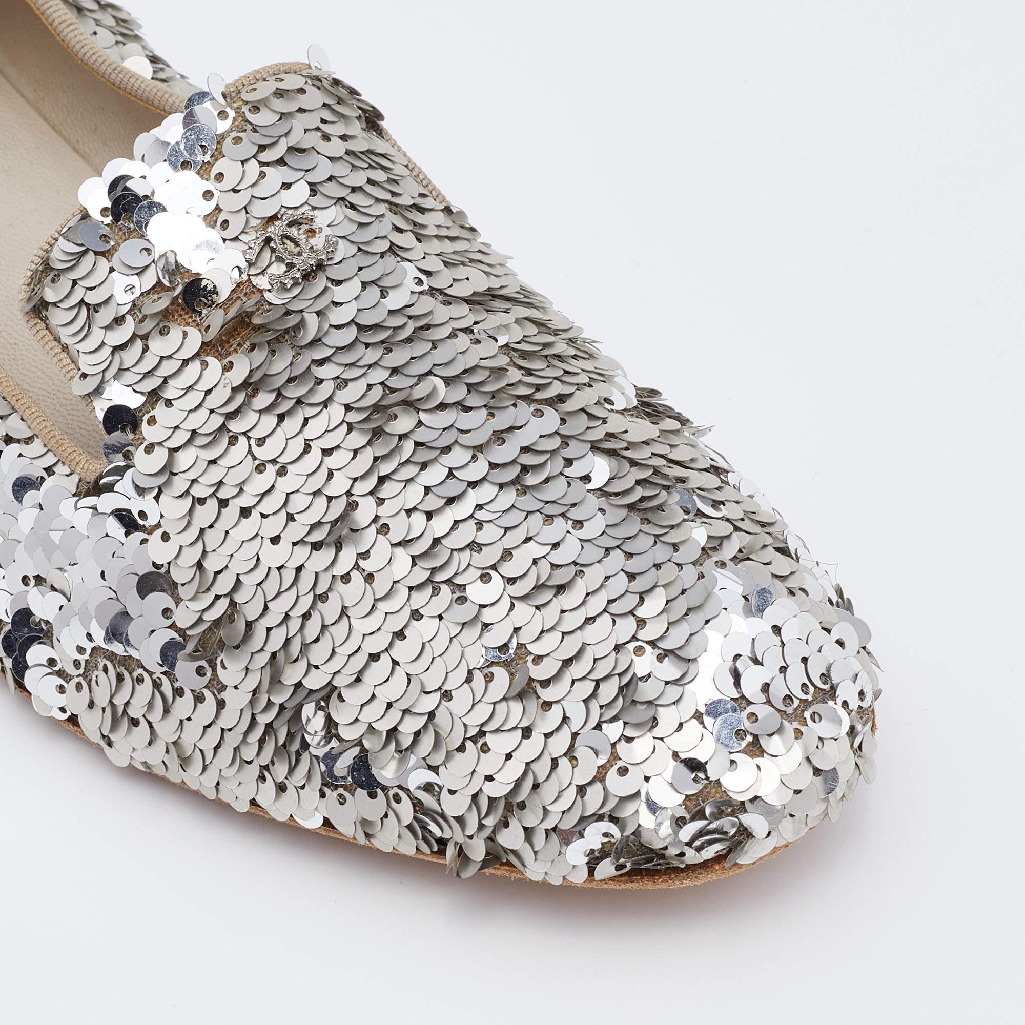 Chanel Silver Sequin CC Smoking Slippers Size 38.5 1