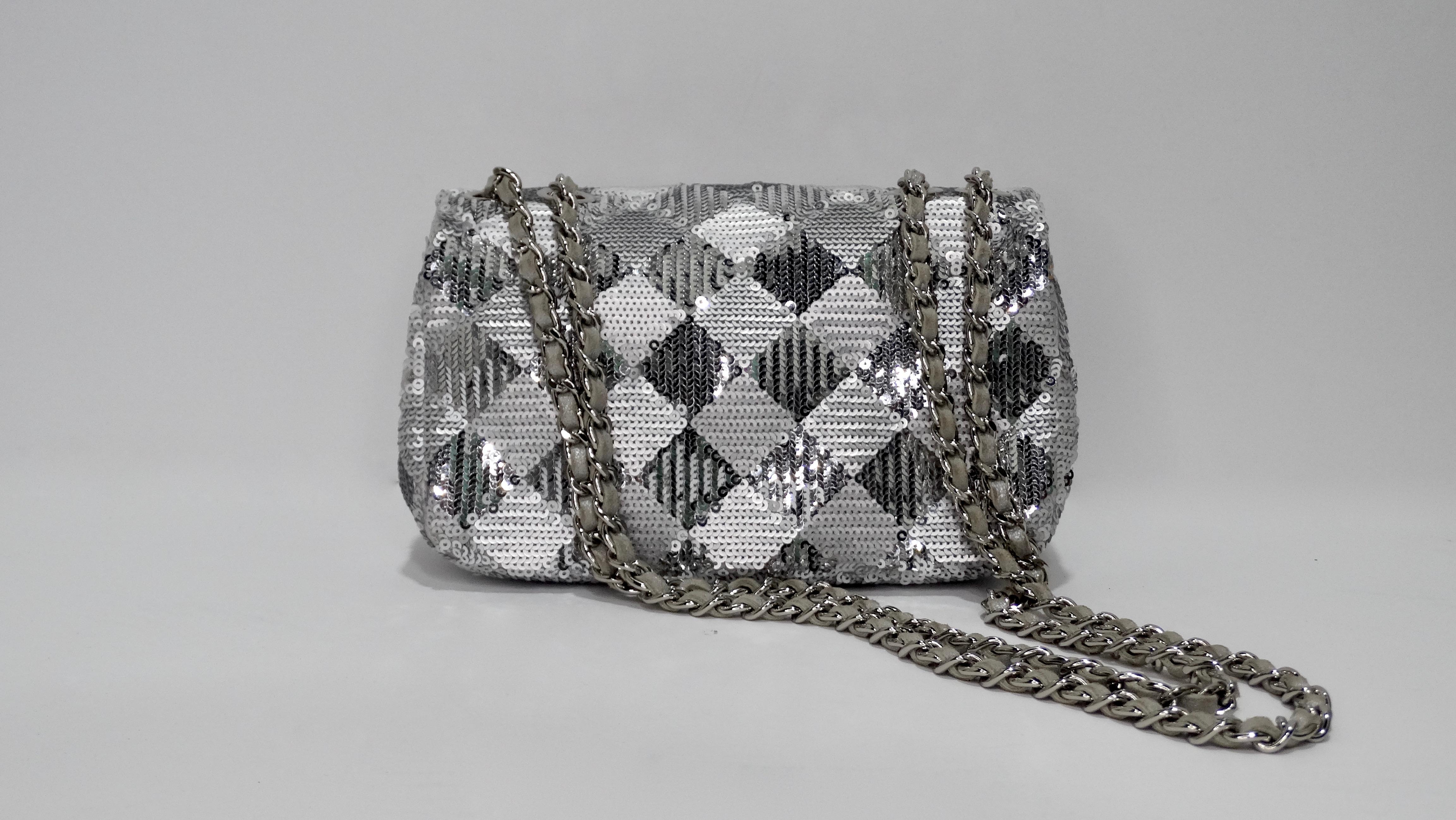 Chanel Silver Sequin Mini Flap Bag  In Good Condition In Scottsdale, AZ