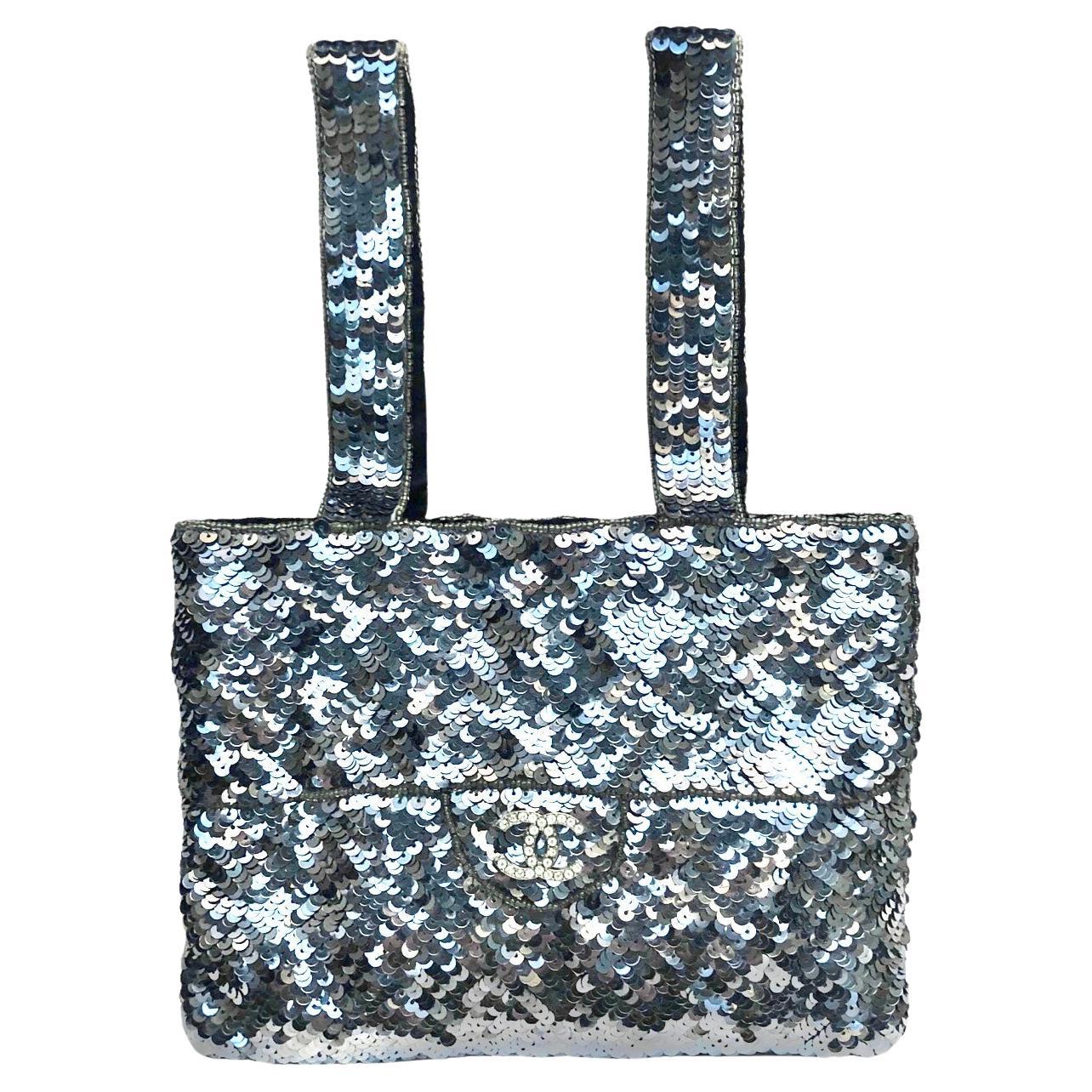 Chanel Silver Sequins and Silk Clutch Hand Bag For Sale