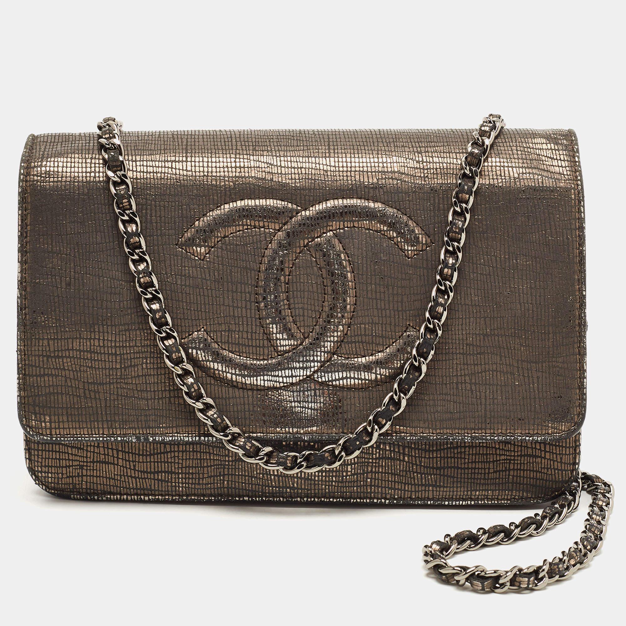 Chanel Silver Shimmer Suede CC Timeless Wallet on Chain 7