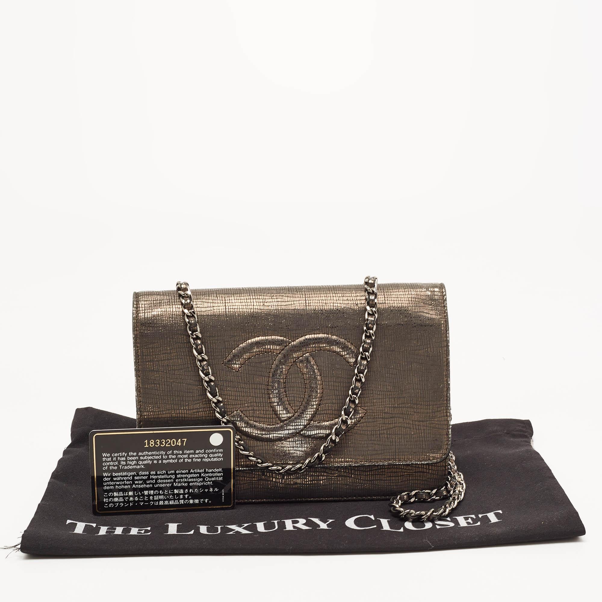 Chanel Silver Shimmer Suede CC Timeless Wallet on Chain 11