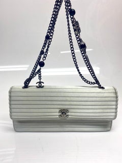 Chanel Silver Silk Baguette with Gunmetal Chain and Beaded Strap Handbag