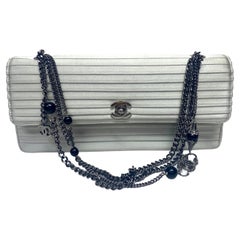 Chanel Silver Silk Baguette with Gunmetal Chain and Beaded Strap Handbag