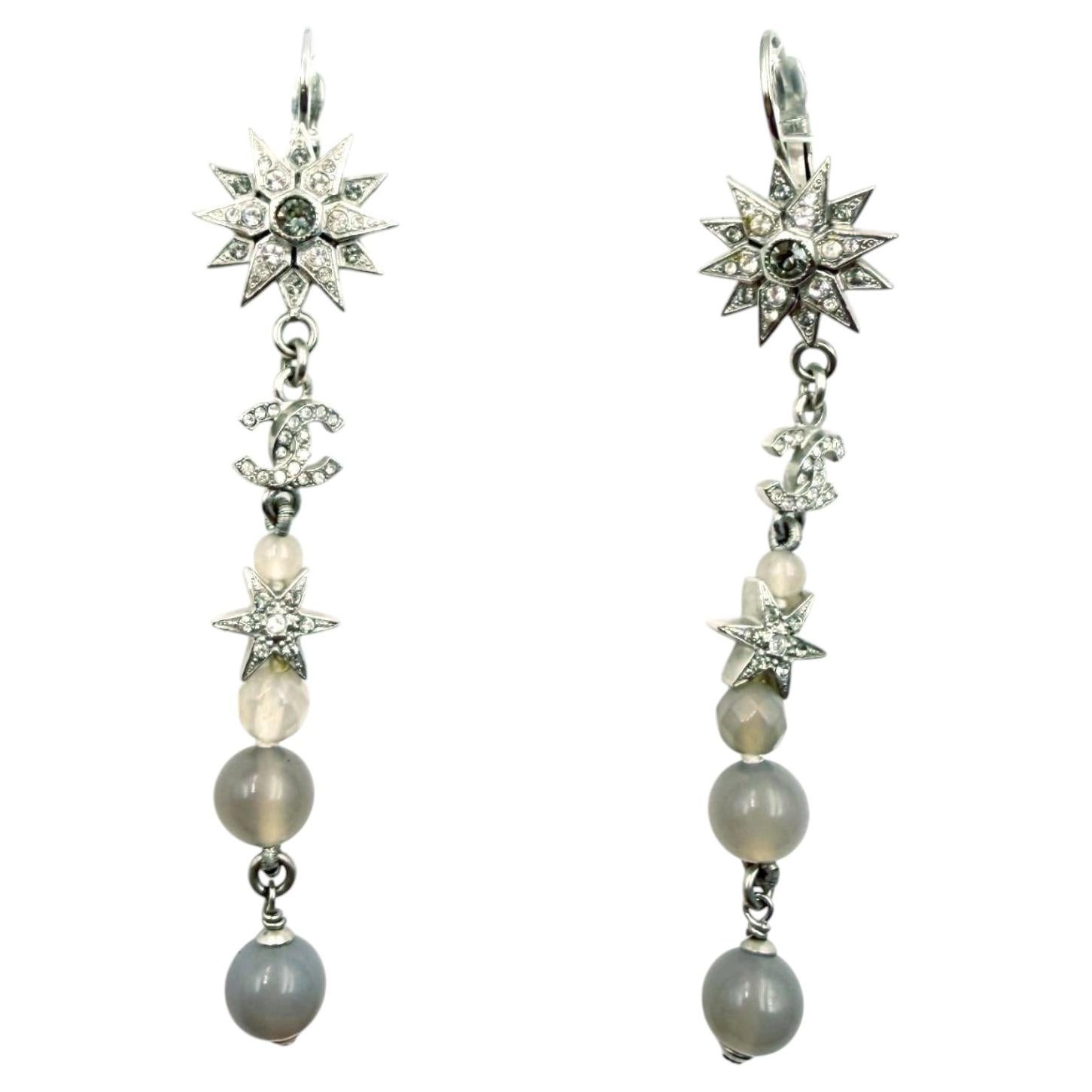 Chanel Silver Star CC Crystal Lavender Bead Long lever Back Earrings For Sale