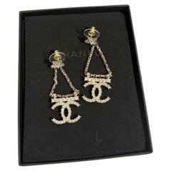Chanel Silver Star Crystal CC Crystal Chain Drop Earrings