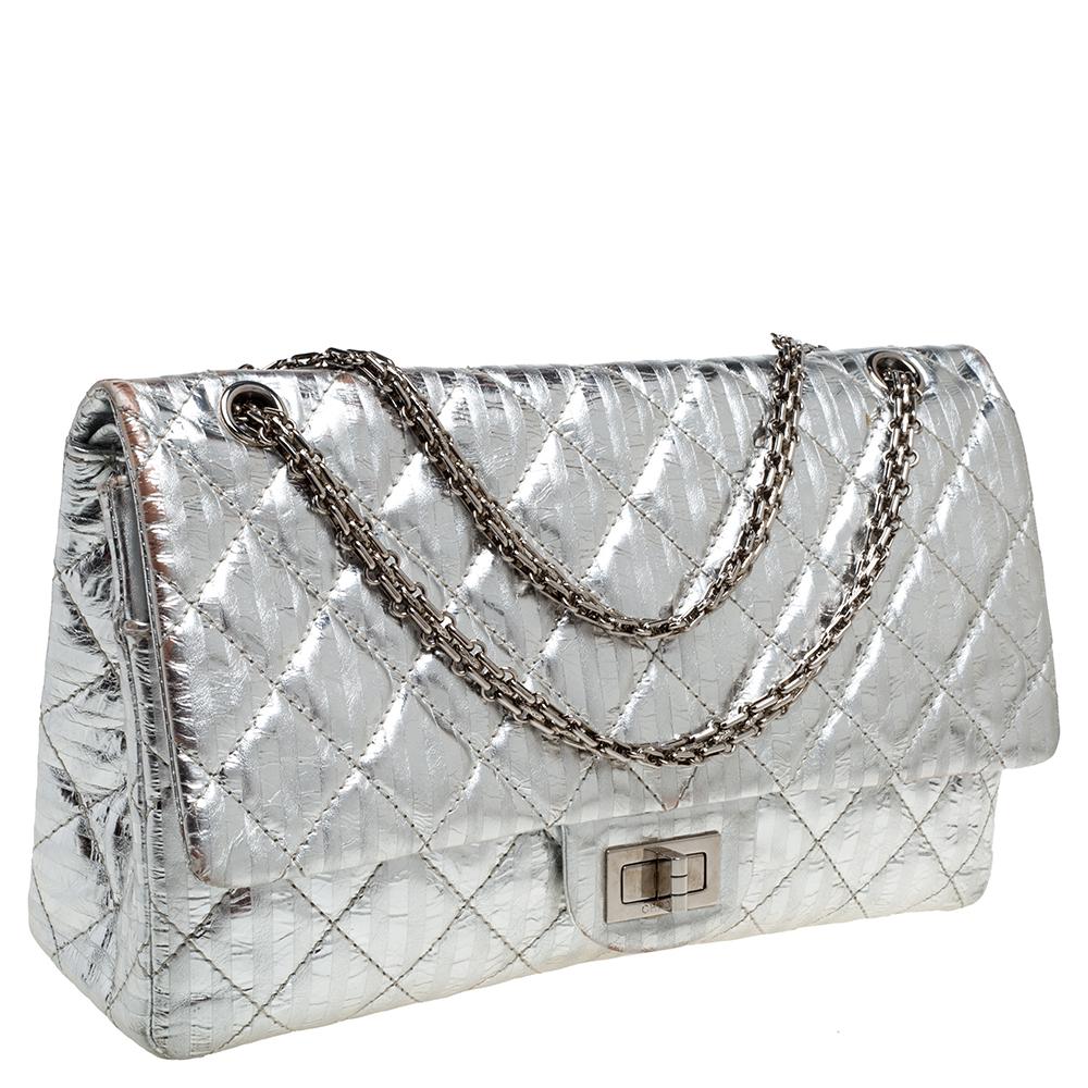 Donna Chanel Argento a righe in pelle trapuntata Reissue 2.55 Classic 227 Flap Bag