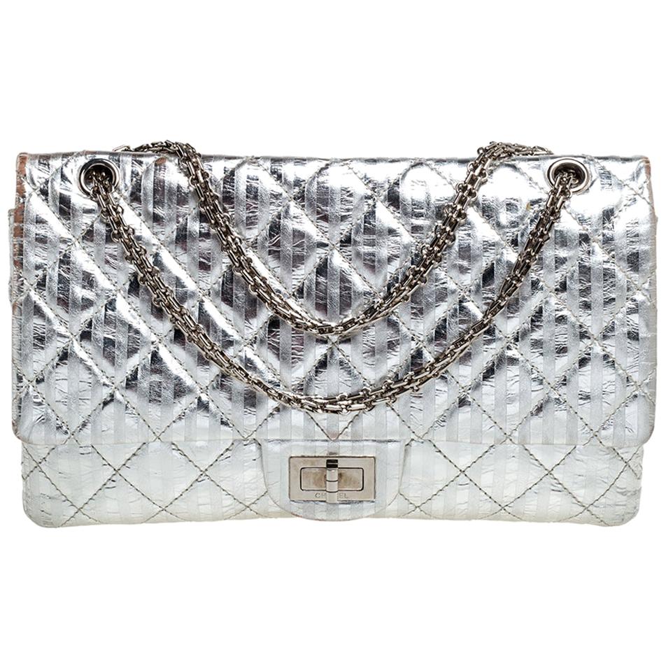 Chanel Silver Striped Quilted Leather Reissue 2.55 Classic 227