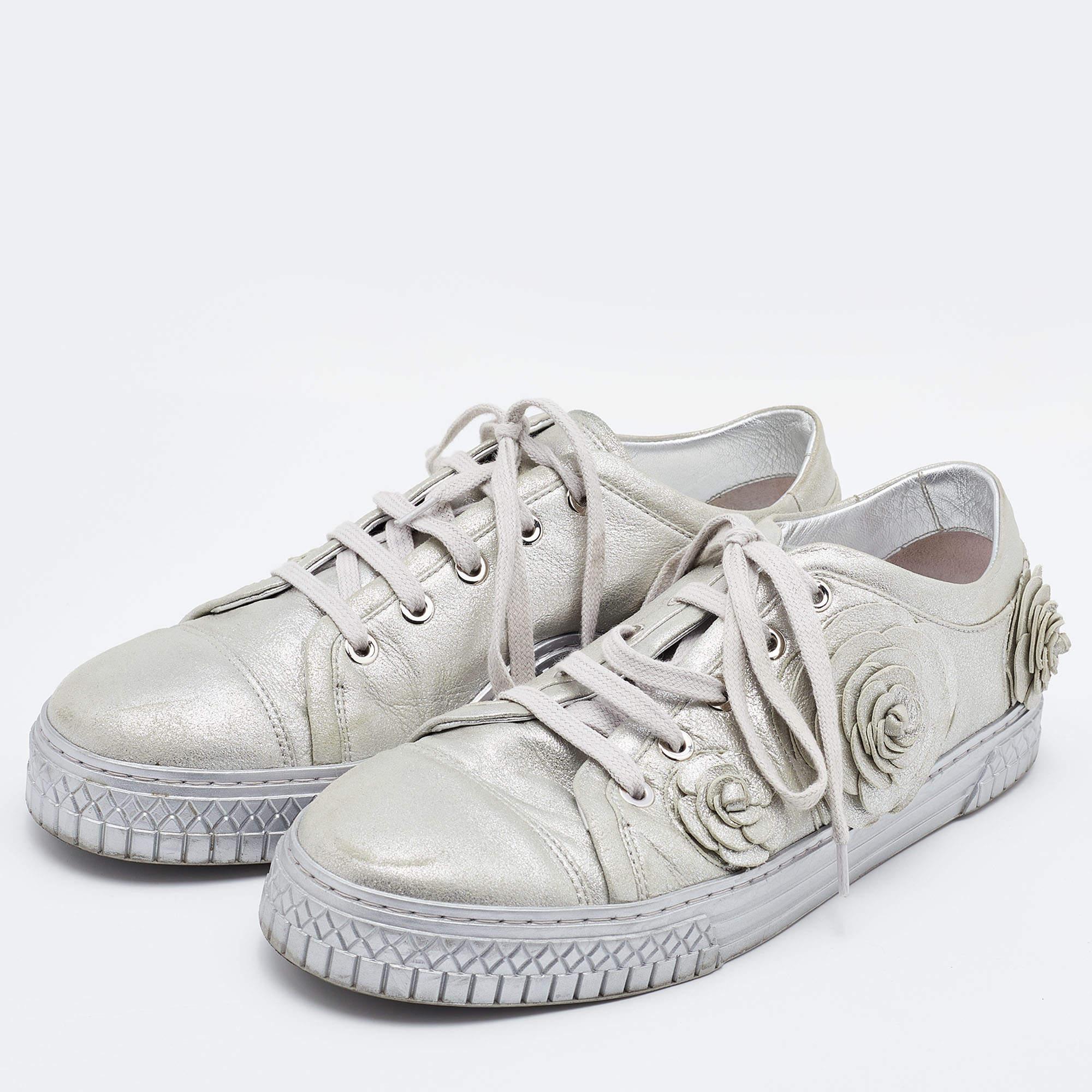 Women's Chanel Silver Suede Camellia Low-Top Sneakers Size 37