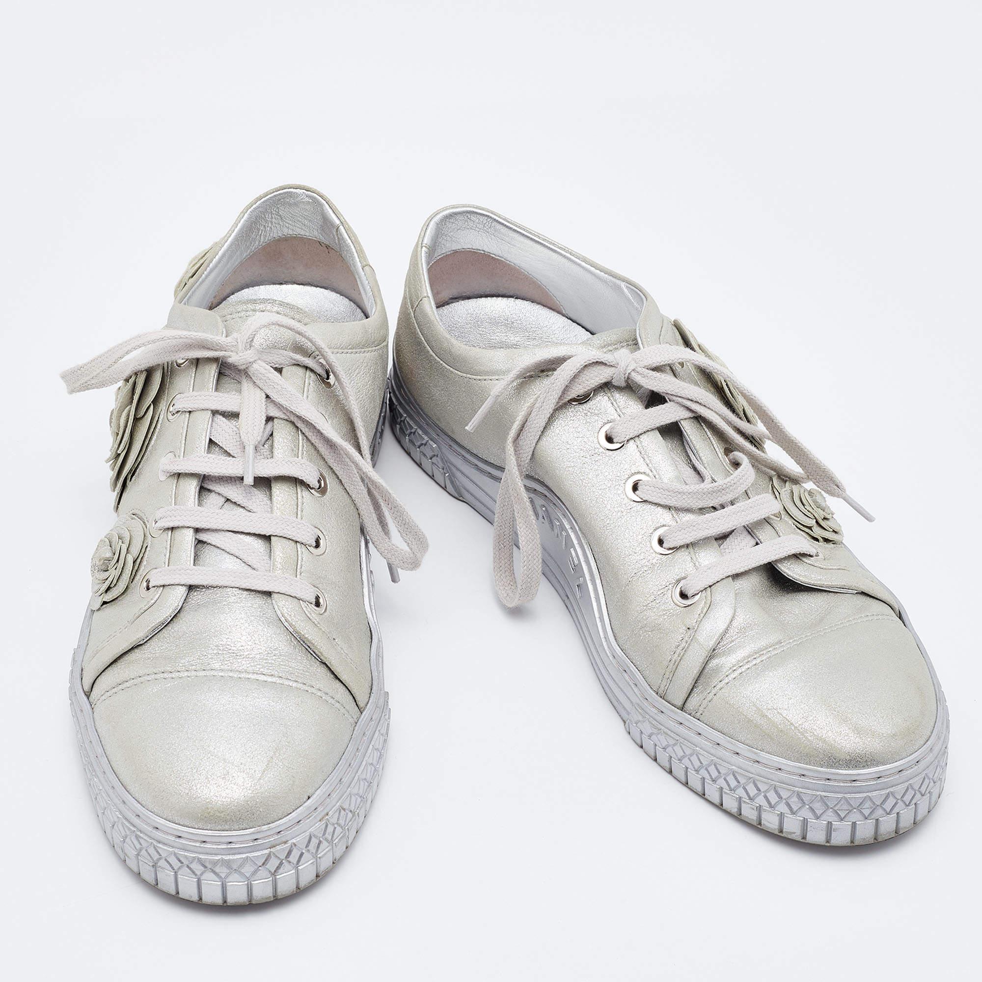 Chanel Silver Suede Camellia Low-Top Sneakers Size 37 1