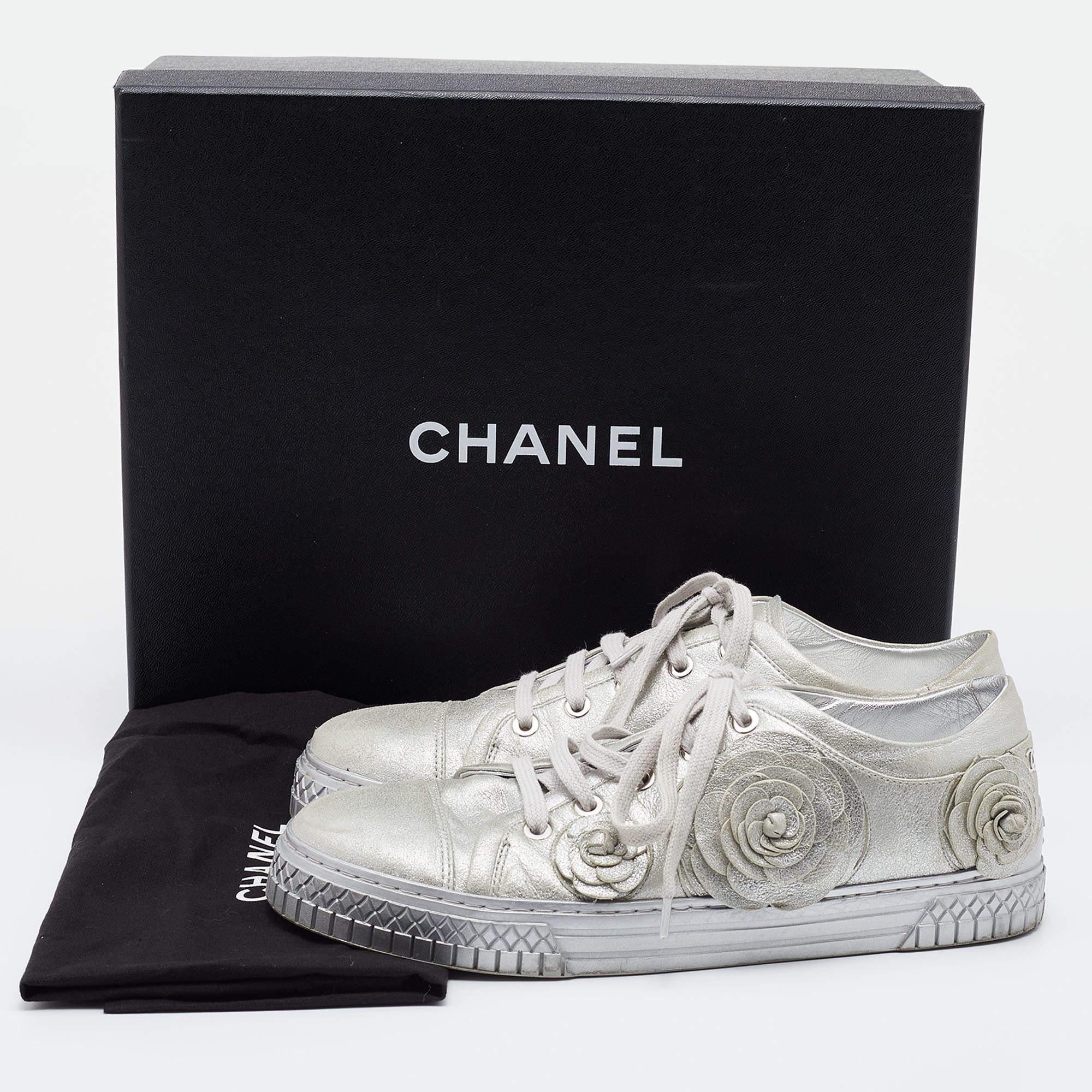 Chanel Silver Suede Camellia Low-Top Sneakers Size 37 2