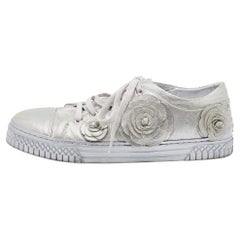 Chanel Silver Suede Camellia Low-Top Sneakers Size 37