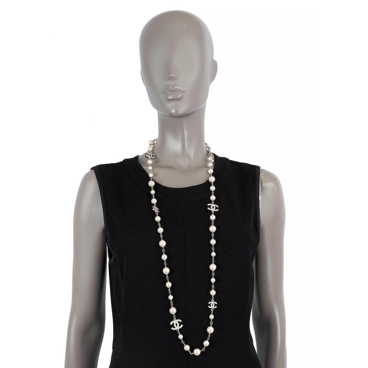 100% authentic Chanel long ivory faux pearl necklace embellished with rhinestone CC's. Has been worn and is in excellent condition. 

2011 Fall/Winter

Measurements
Model	Chanel11A
Width	2cm (0.8in)
Length	110cm (42.9in)
Hardware	Silver-Tone

All