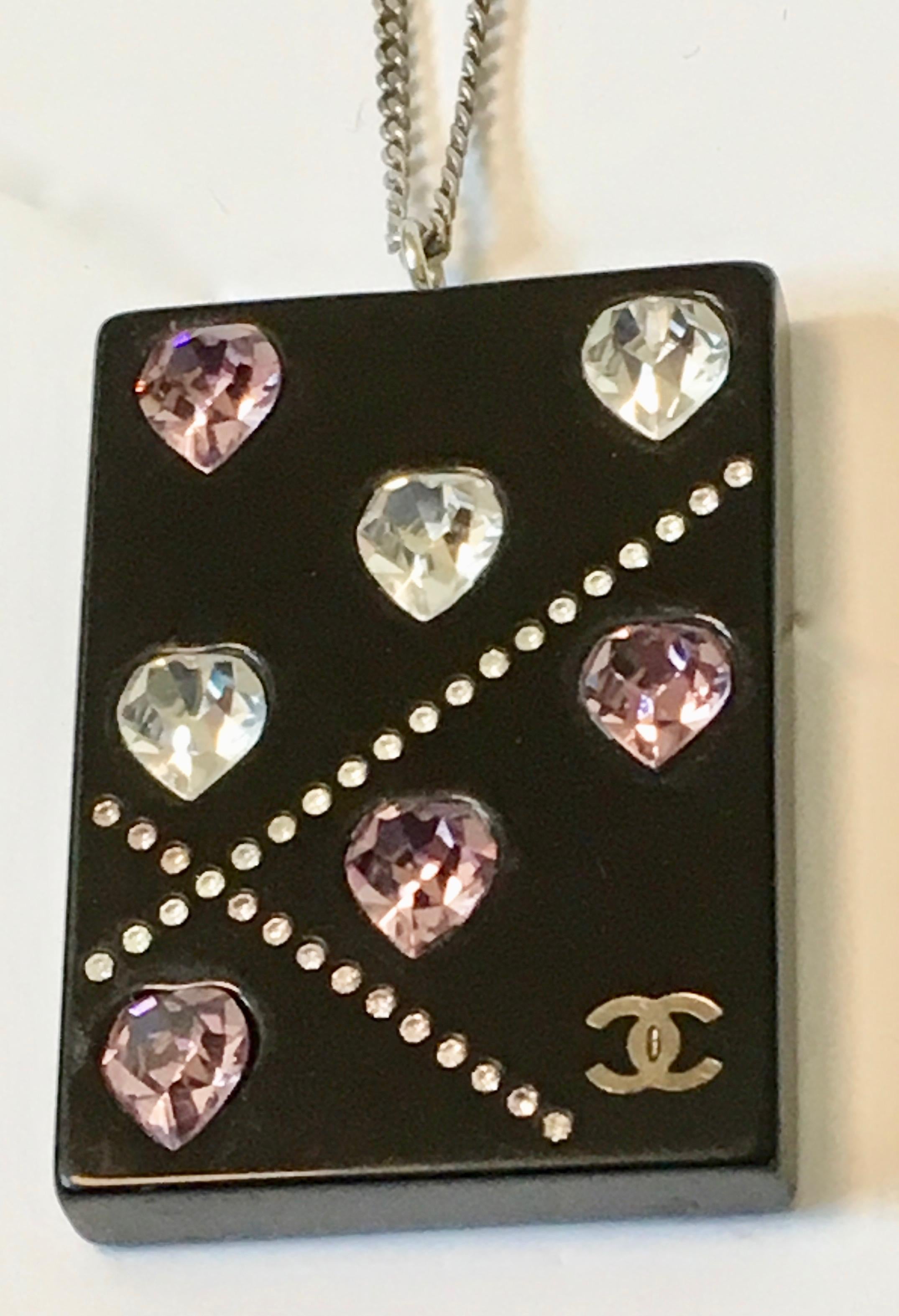 Chanel Silver Tone Black Lucite Necklace with Encrusted Crystals  In Excellent Condition For Sale In Boca Raton, FL