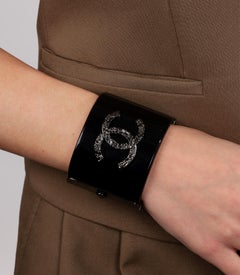 Chanel Silver Tone Black Resin & Textured Metal Wide CC Cuff Bracelet