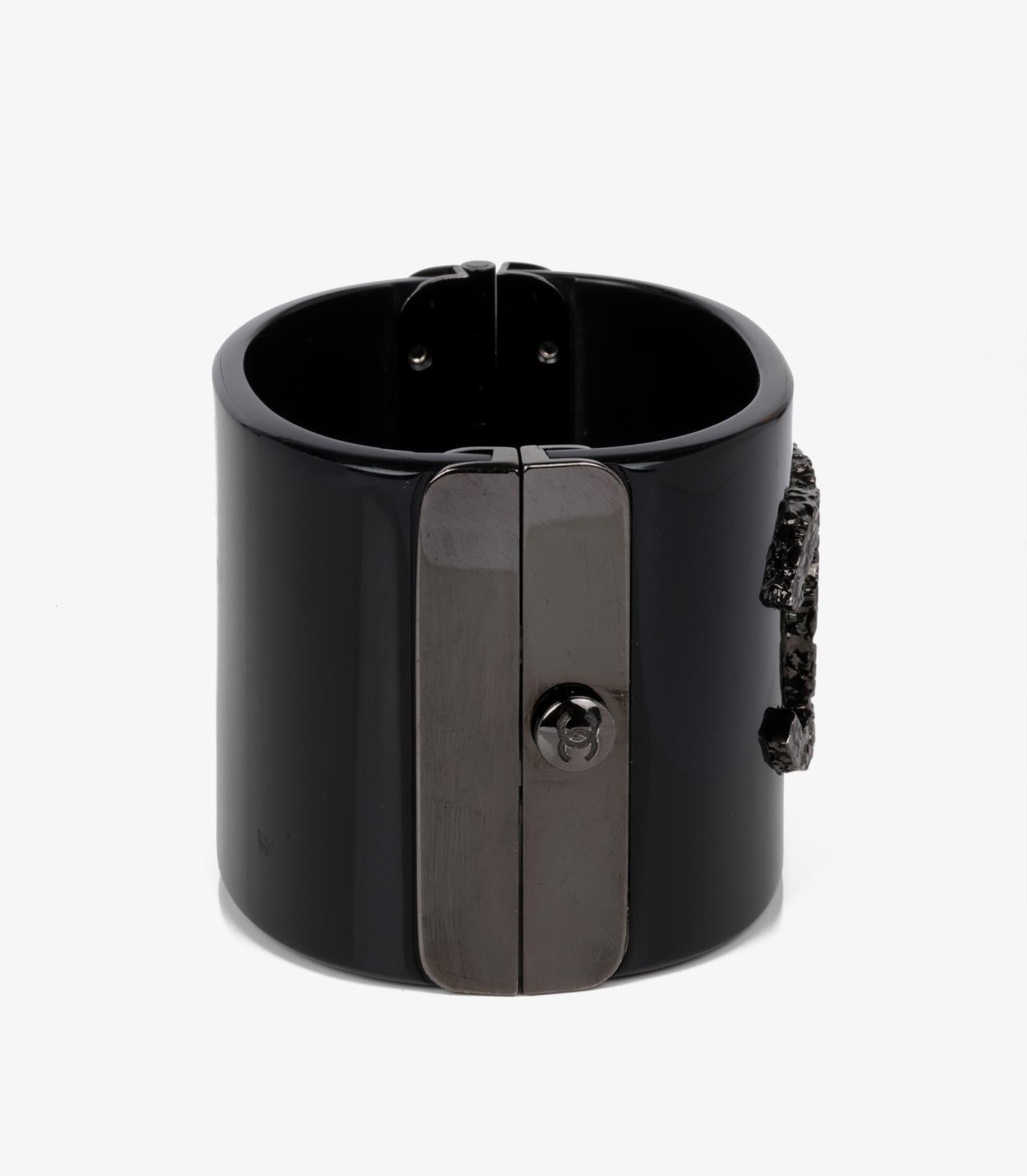 Women's or Men's Chanel Silver Tone Black Resin & Textured Metal Wide CC Cuff Bracelet