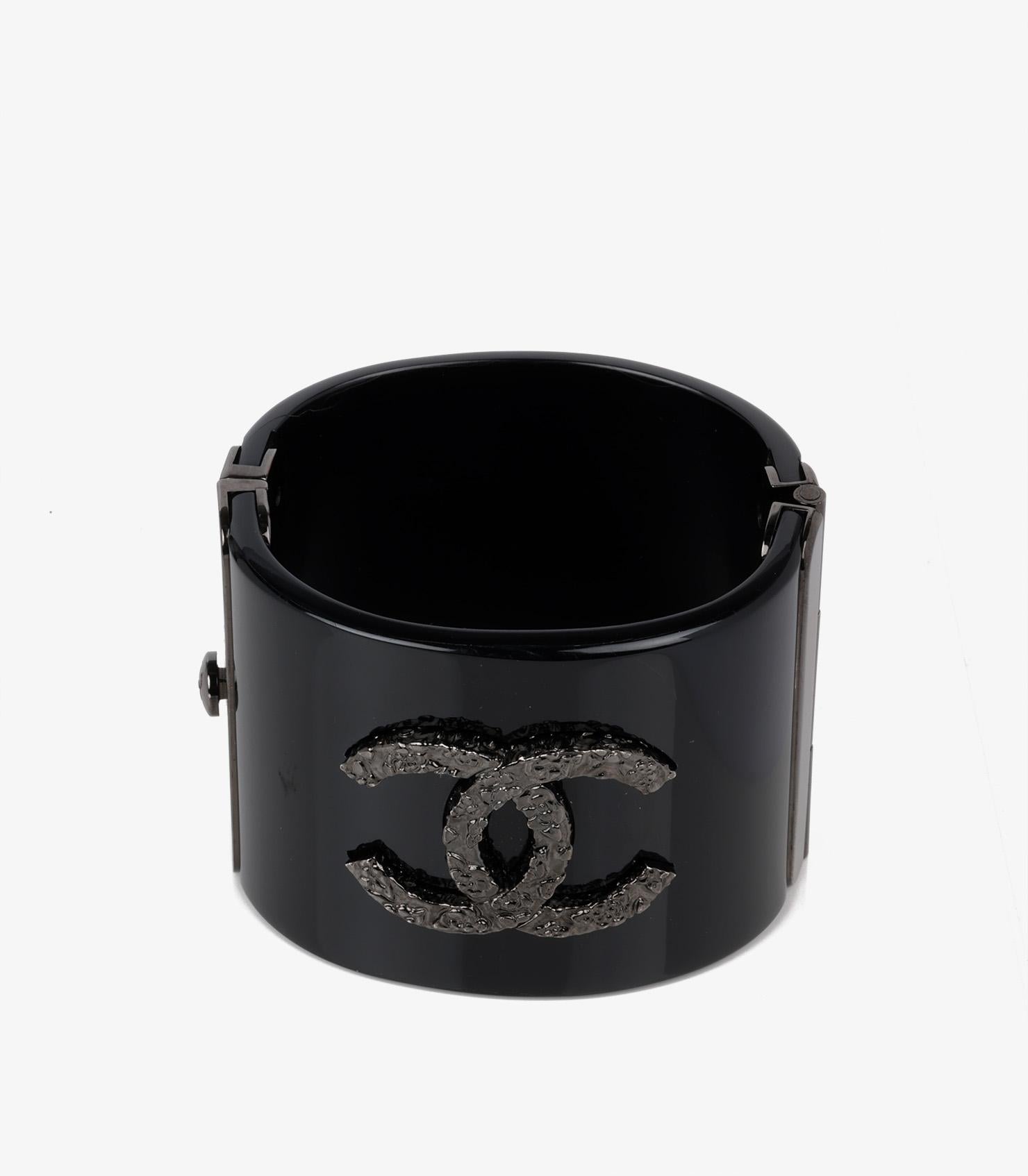 Chanel Silver Tone Black Resin & Textured Metal Wide CC Cuff Bracelet 1
