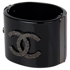 Chanel Silver Tone Black Resin & Textured Metal Wide CC Cuff Bracelet