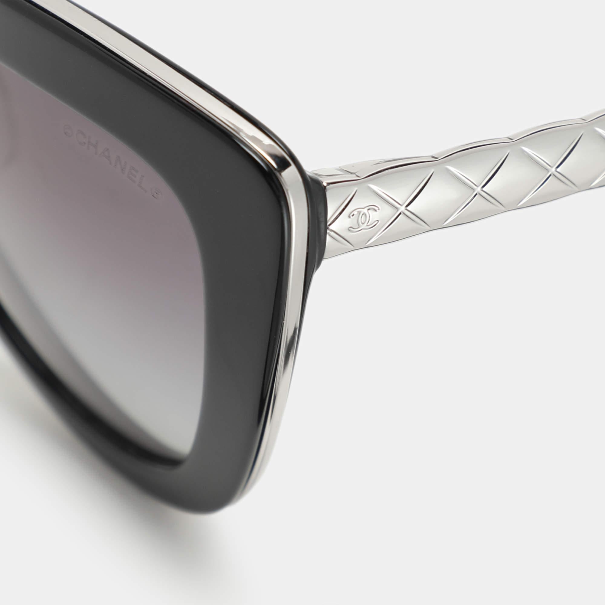 Black Chanel Silver Tone/Blue 5368 Quilted Cat-Eye Sunglasses