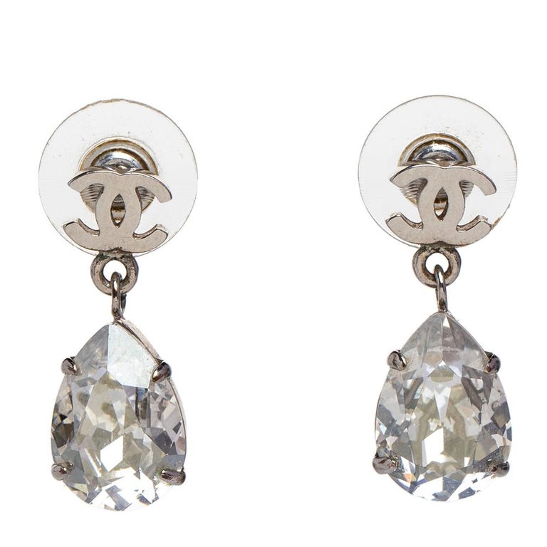 Chanel Silver Tone CC Crystal Teardrop Earrings at 1stDibs