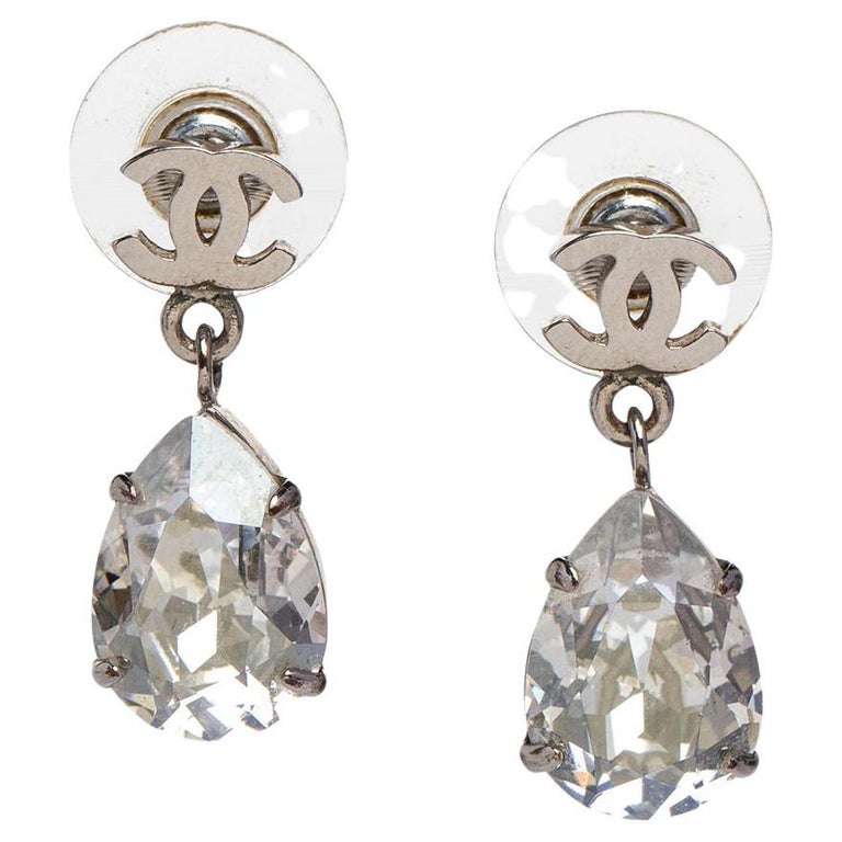Chanel Silver Tone CC Crystal Teardrop Earrings at 1stDibs