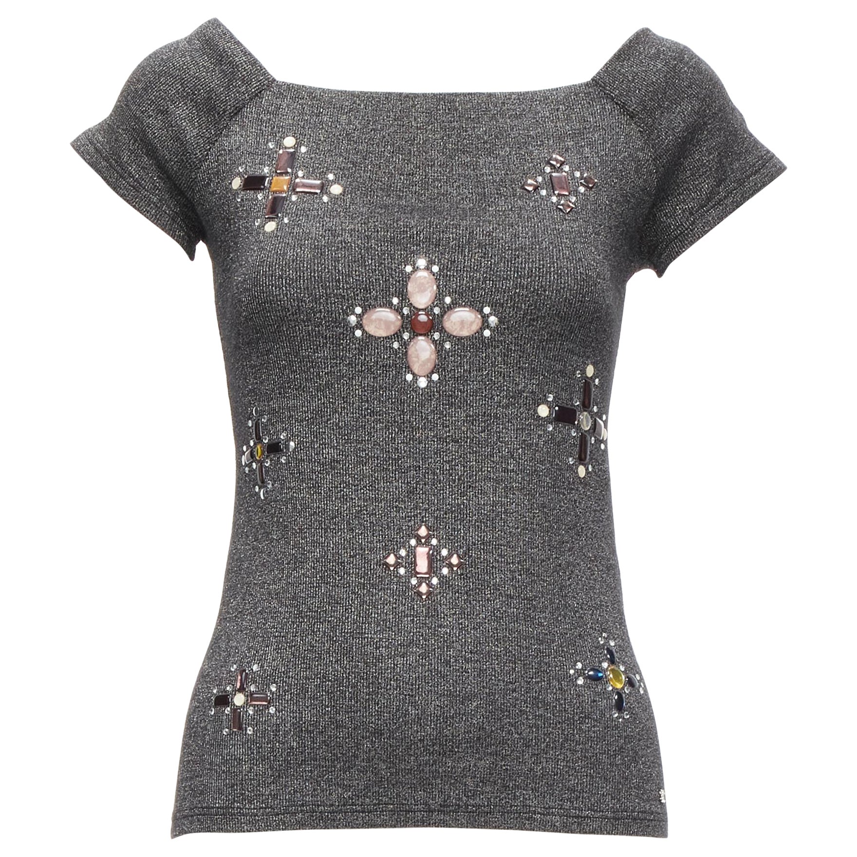 CHANEL silver tone CC logo colorful gems Byzantine Cross embellished top FR36 S