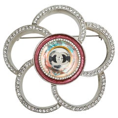 Chanel Silver Tone Crystal Camelia Pin Brooch