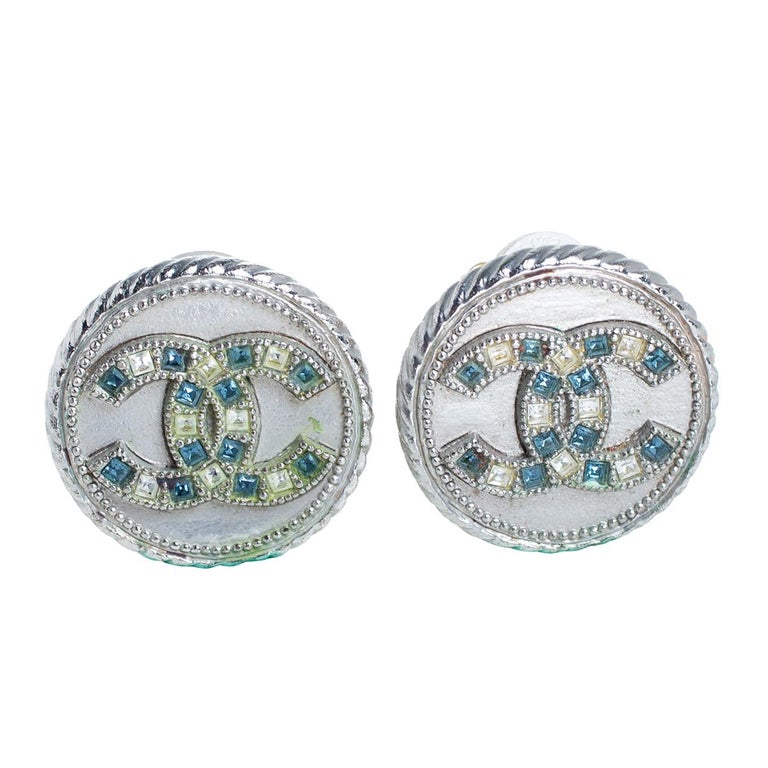Chanel Silver Tone Crystal CC Logo Round Stud Earrings at 1stDibs