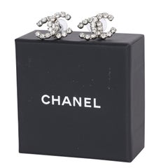 Chanel Silver Tone Crystal CC Logo Stud Earrings, Made in France