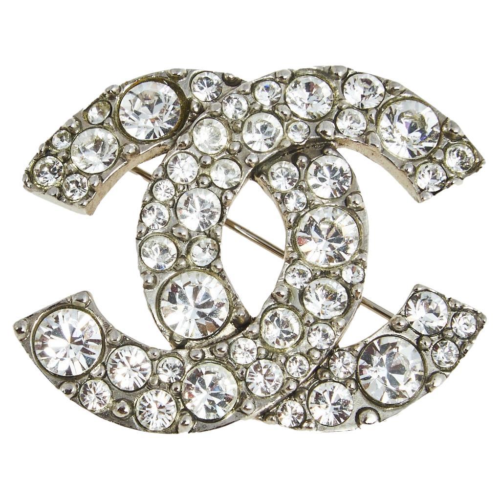 Chanel Silver Tone Crystal CC Pin Brooch