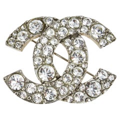 Chanel Silver Tone Crystal CC Pin Brooch