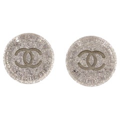 Vintage Chanel Silver-tone Crystal Resin CC Round Clip-on Earrings