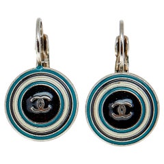 Chanel Silver Tone Enamel CC Drop Earrings