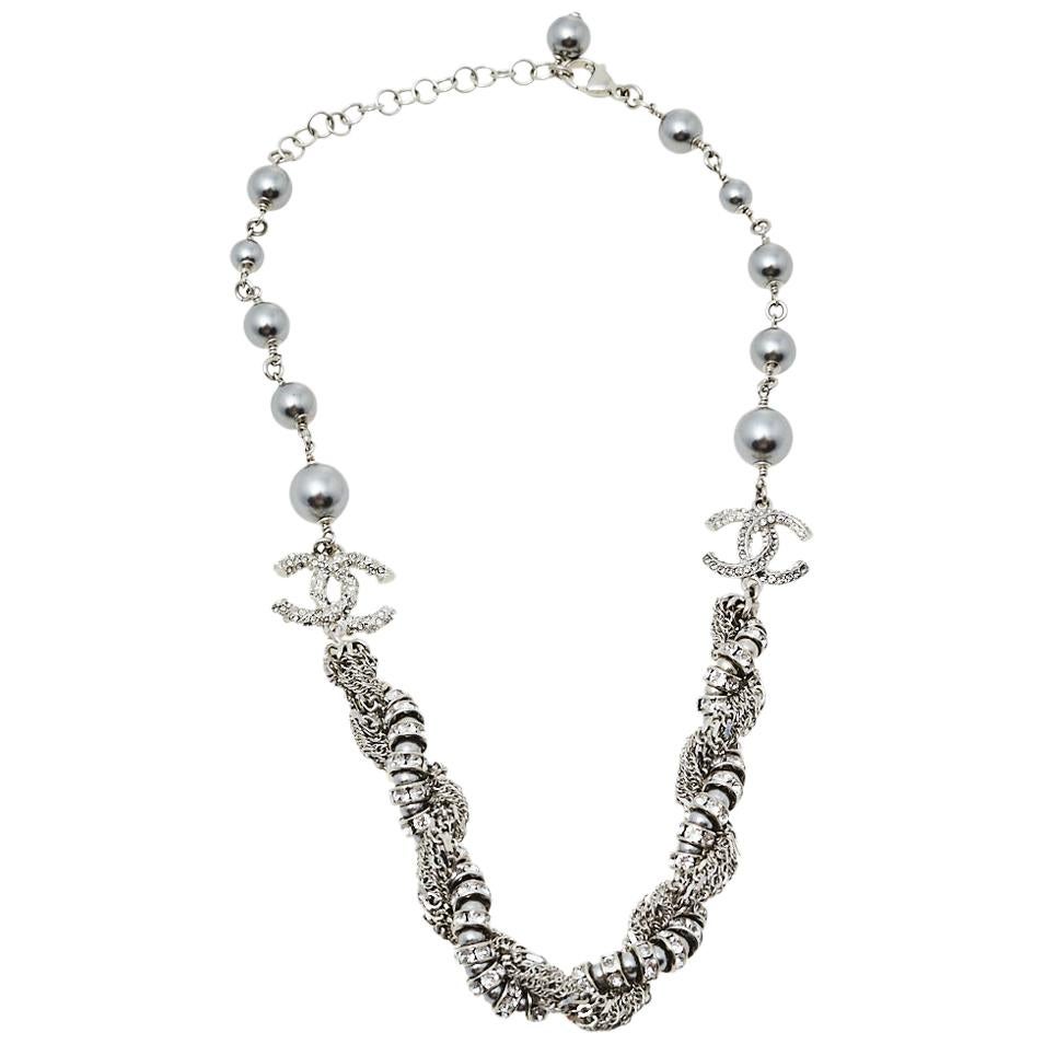 Chanel Silver Tone Faux Pearl and Crystal Twisted Chain Necklace at 1stDibs