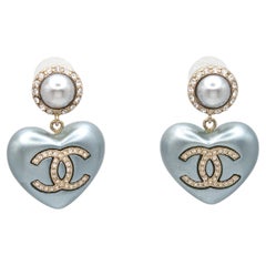 Chanel Silver-Tone Heart Drop Earrings with Pavé CC Motifs